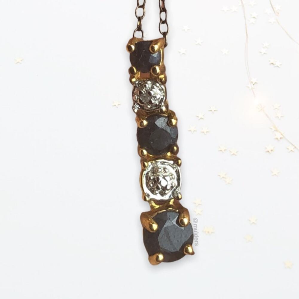 Sapphire & Diamond Accent Dangle Gold Tone Necklace 925 Sterling Silver